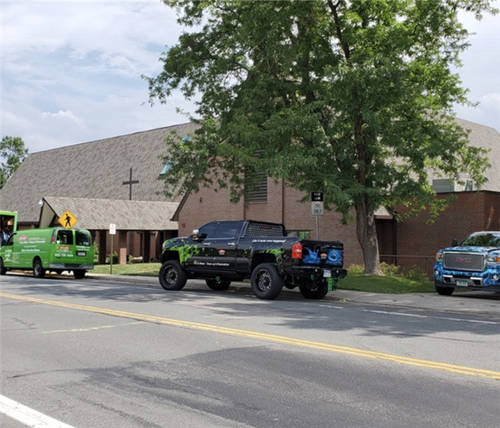 SERVPRO trucks in front of a local church that suffered major water damage.